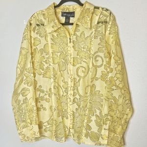Susan Graver Yellow Floral Blouse or Jacket Semi- Sheer Zip Front Size 1X